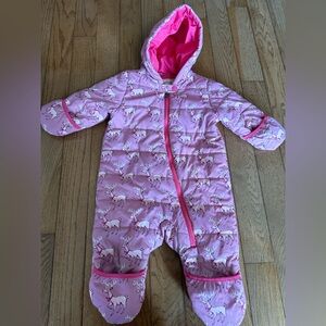 Gently used Hatley reindeer puffy snowsuit bunting for baby girls size 18-24 mos